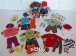 American Girl Bitty Baby Twins Girl Boy Brown hair Eyes + 6 Outfits Books