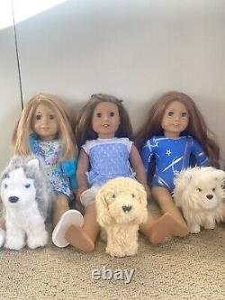 American Girl Dolls (3) American Girl Dogs (3) NEW CONDITION AND ACCESSORIES