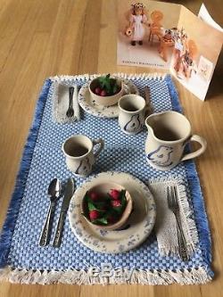American Girl Kirsten's Pottery Set with table runner, napkins, and strawberries