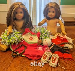American Girl Saige 2 TWIN DOLLS Clothes Cheerleader Volleyball Brown Eyes Lot