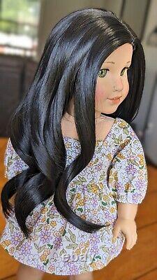 Custom American Girl Doll Black Hair Wig Wavy Bright Green Eyes Freckles OOAK