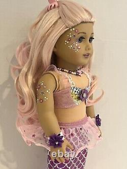 OOAK American Girl Doll 18 Long Pink Curly Hair Blue Eyes Mermaid Facepaint