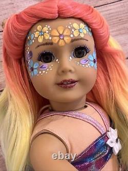 OOAK American Girl Doll Long Rainbow Hair Green Eyes Flower Facepaint Custom