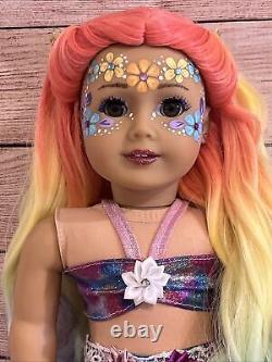 OOAK American Girl Doll Long Rainbow Hair Green Eyes Flower Facepaint Custom