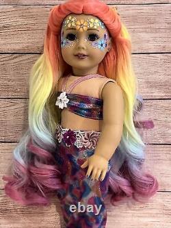 OOAK American Girl Doll Long Rainbow Hair Green Eyes Flower Facepaint Custom