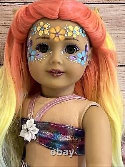 OOAK American Girl Doll Long Rainbow Hair Green Eyes Flower Facepaint Custom