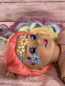 OOAK American Girl Doll Long Rainbow Hair Green Eyes Flower Facepaint Custom