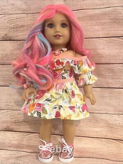 OOAK American Girl Doll Pink Blue Purple Curly Hair Blue Eyes Face Paint Custom