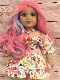 OOAK American Girl Doll Pink Blue Purple Curly Hair Blue Eyes Face Paint Custom