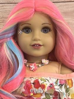 OOAK American Girl Doll Pink Blue Purple Curly Hair Blue Eyes Face Paint Custom