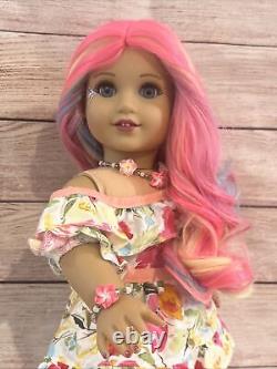 OOAK American Girl Doll Pink Blue Purple Curly Hair Blue Eyes Face Paint Custom