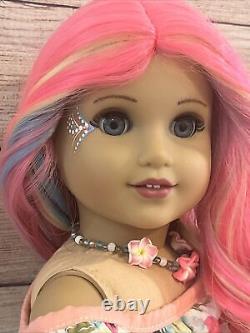 OOAK American Girl Doll Pink Blue Purple Curly Hair Blue Eyes Face Paint Custom