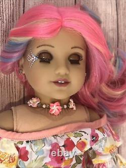 OOAK American Girl Doll Pink Blue Purple Curly Hair Blue Eyes Face Paint Custom