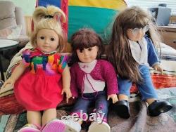 Set of 3 American Girl dolls and suitcase full of clothes and accessories